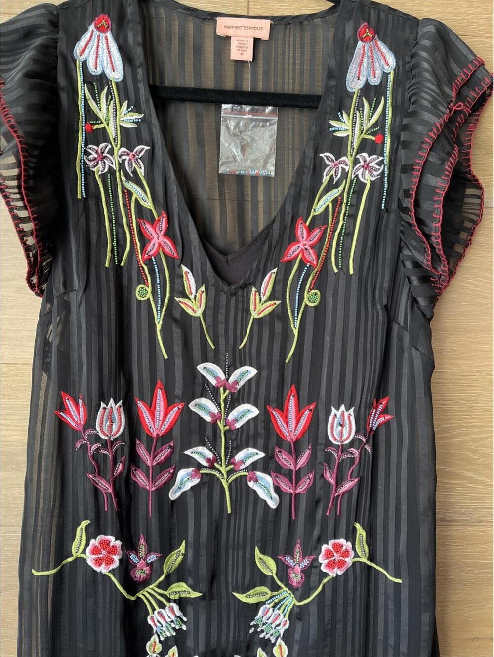 Anthropologie Not So Serious Corsica Beaded Embroidered Floral Black Dress Sz 6P - Picture 2 of 9